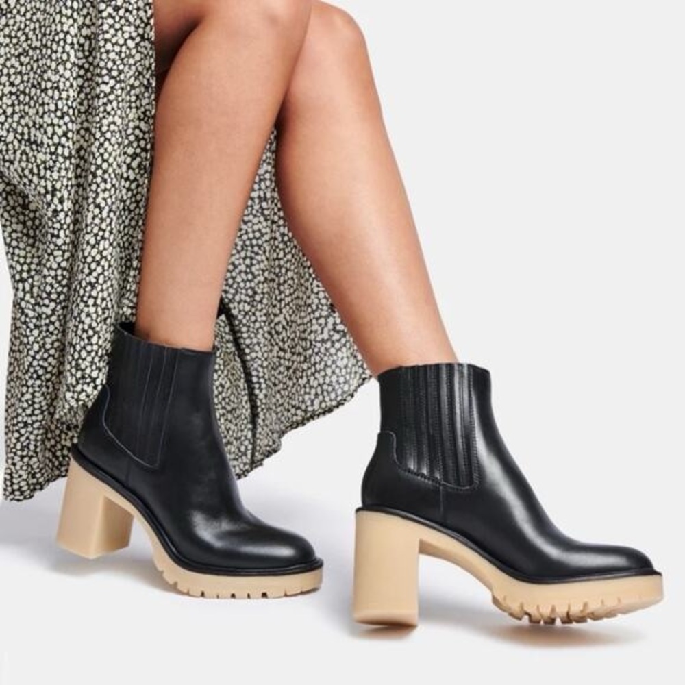 NWT Dolce Vita Size 7.5 Black Caster H20 Waterproof Chunky Heel Leather Booties